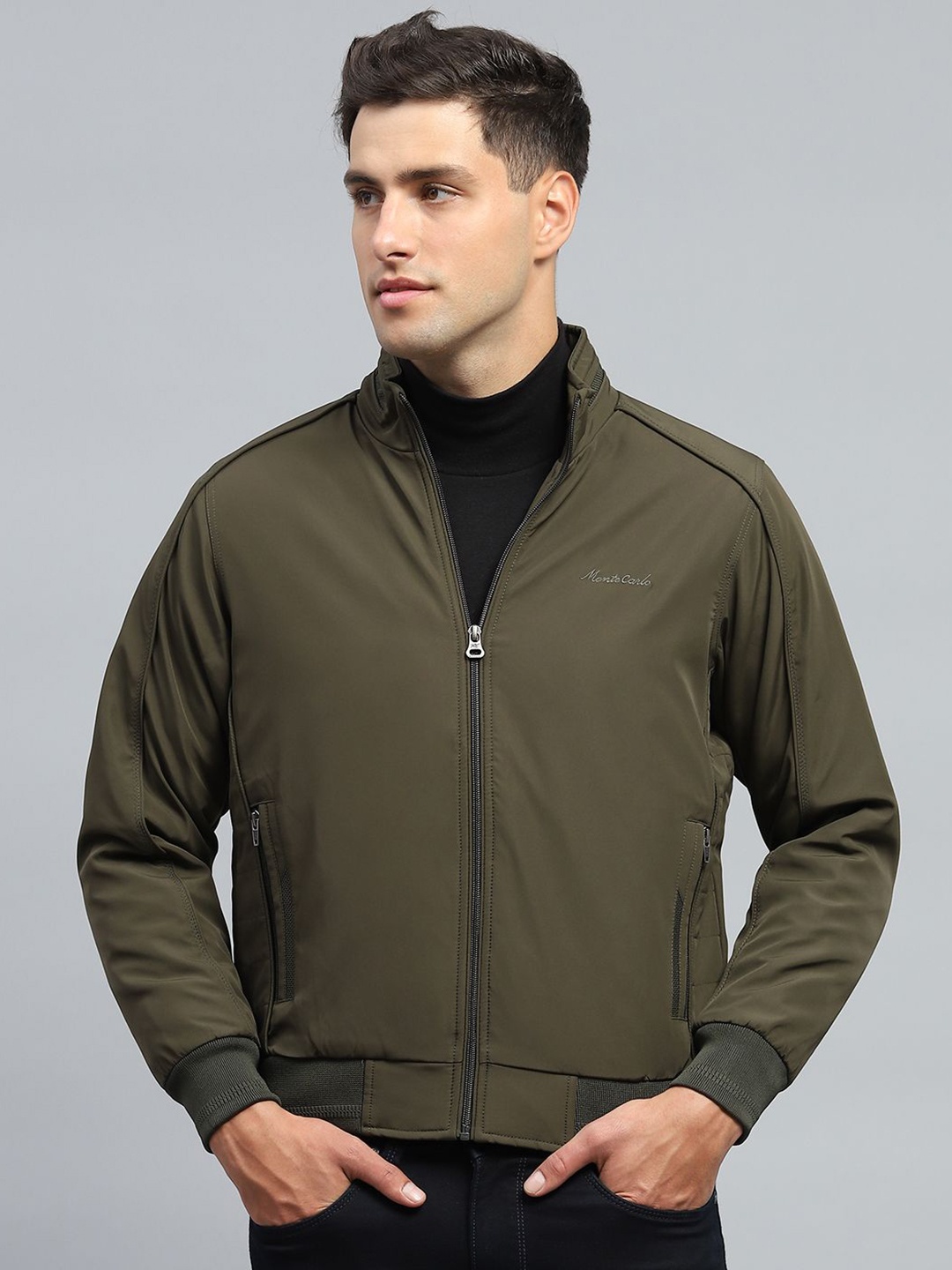 

Monte Carlo Men Mock Collar Solid Casual Bomber Jacket, Olive
