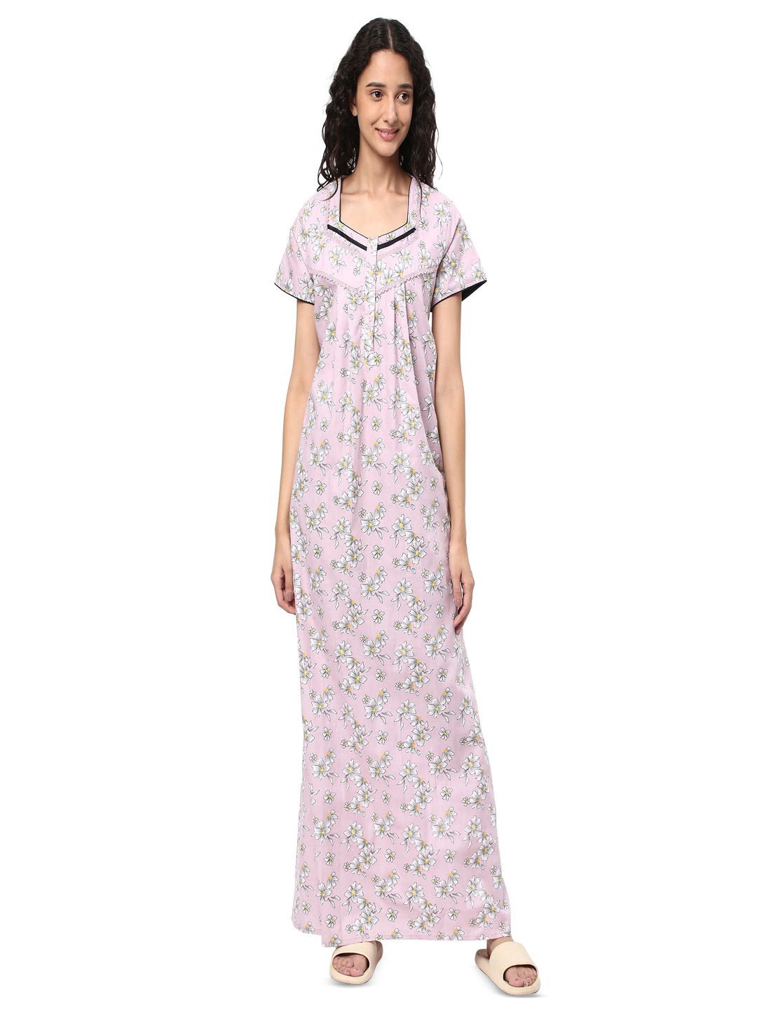 

KOVIRA Women Pure Cotton Floral Printed Maxi Nightdress, Mauve