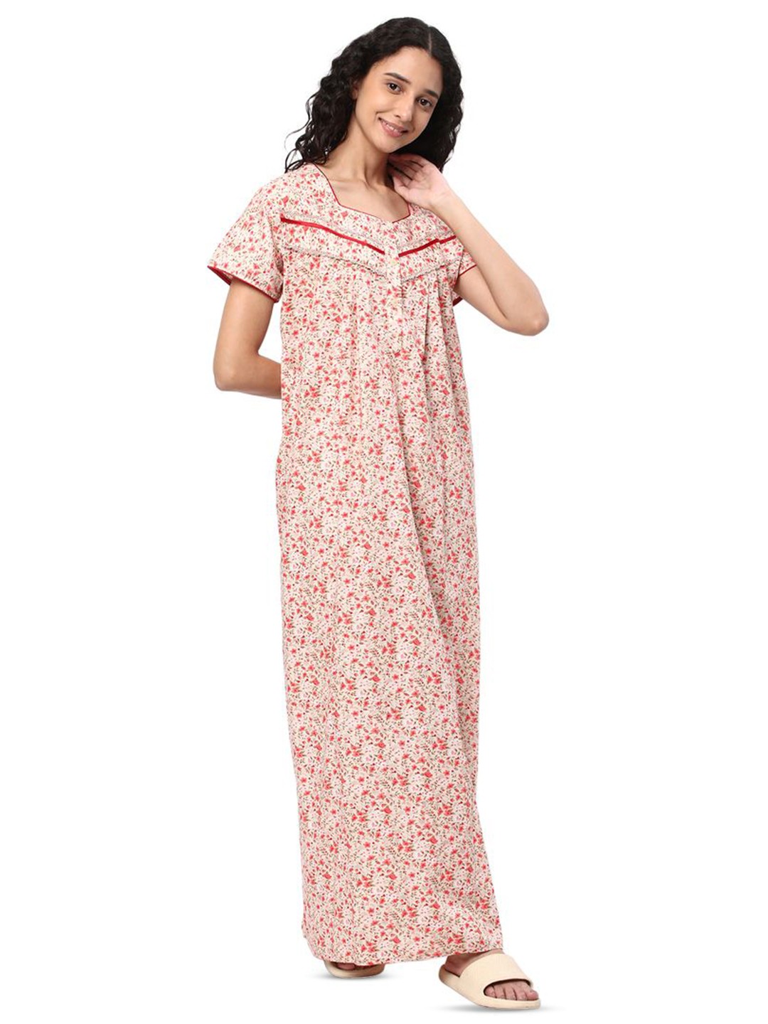 

KOVIRA Women Printed Pure Cotton Maxi Nightdress, Cream