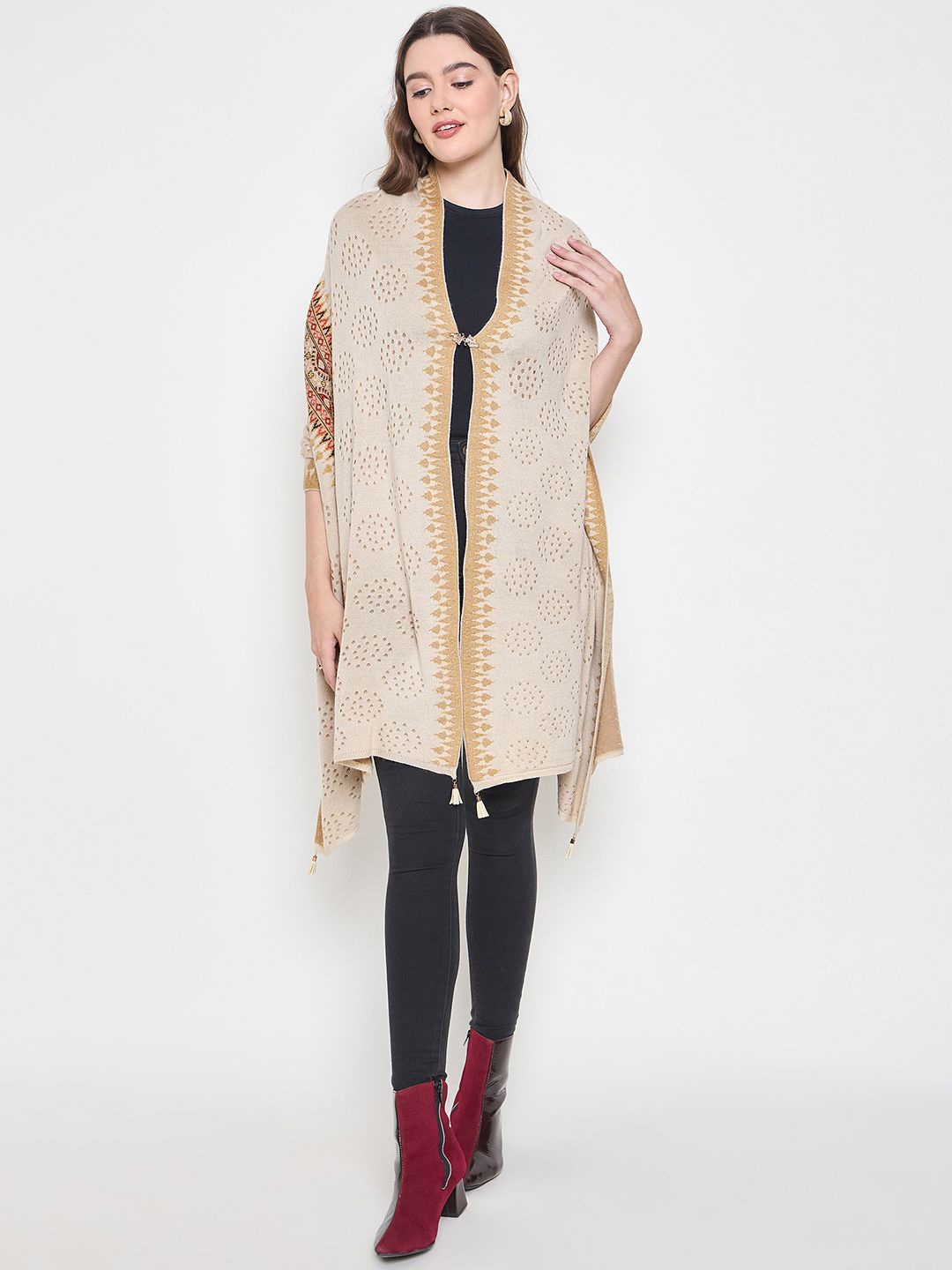 

Knitstudio Floral Printed V-Neck Poncho Sweaters, Camel brown