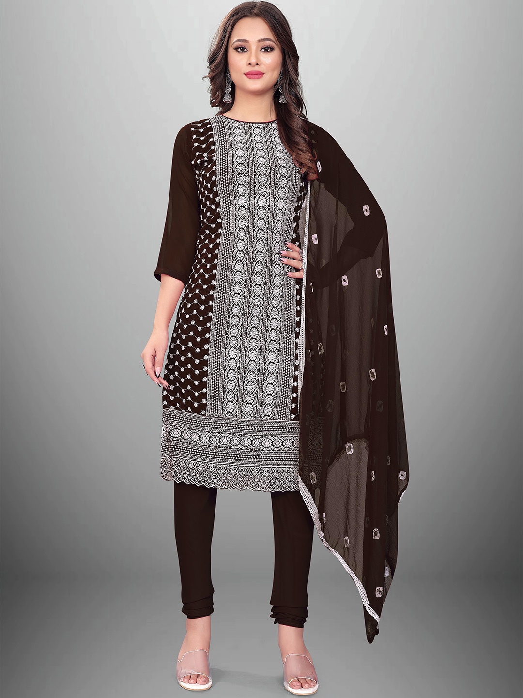 

Maroosh Floral Embroidered Unstitched Dress Material, Brown