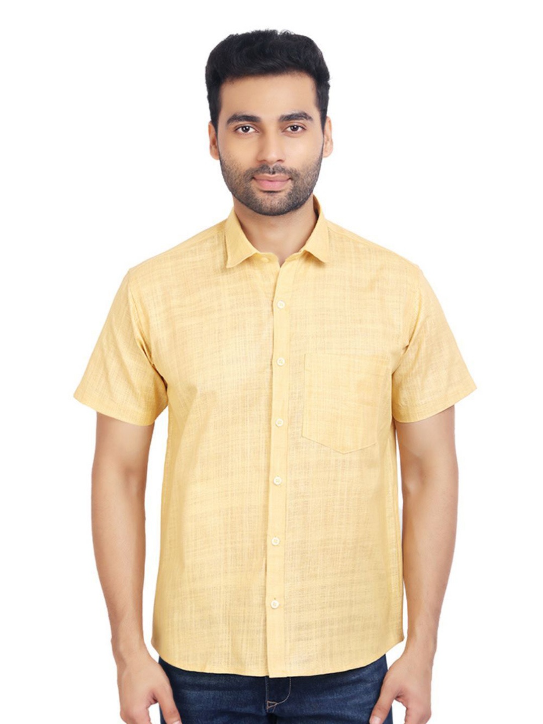 

Ethazh Men Spread Collar Solid Cotton Casual Shirt, Yellow