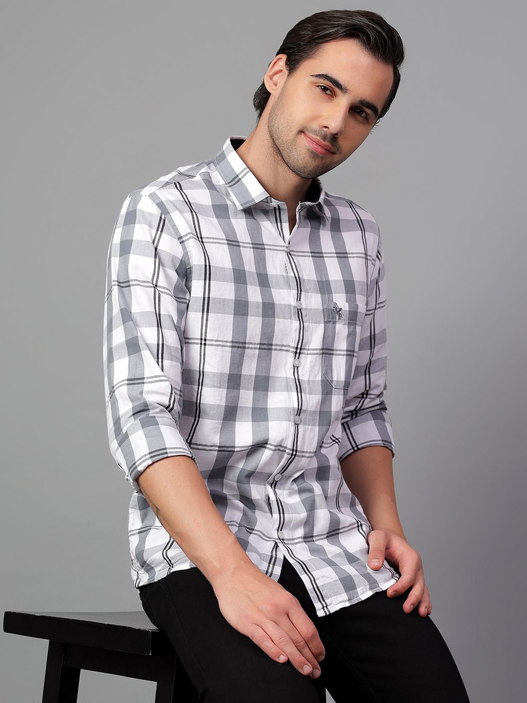 

Cantabil Men Spread Collar Checked Cotton Slim Fit Casual Shirt, Grey