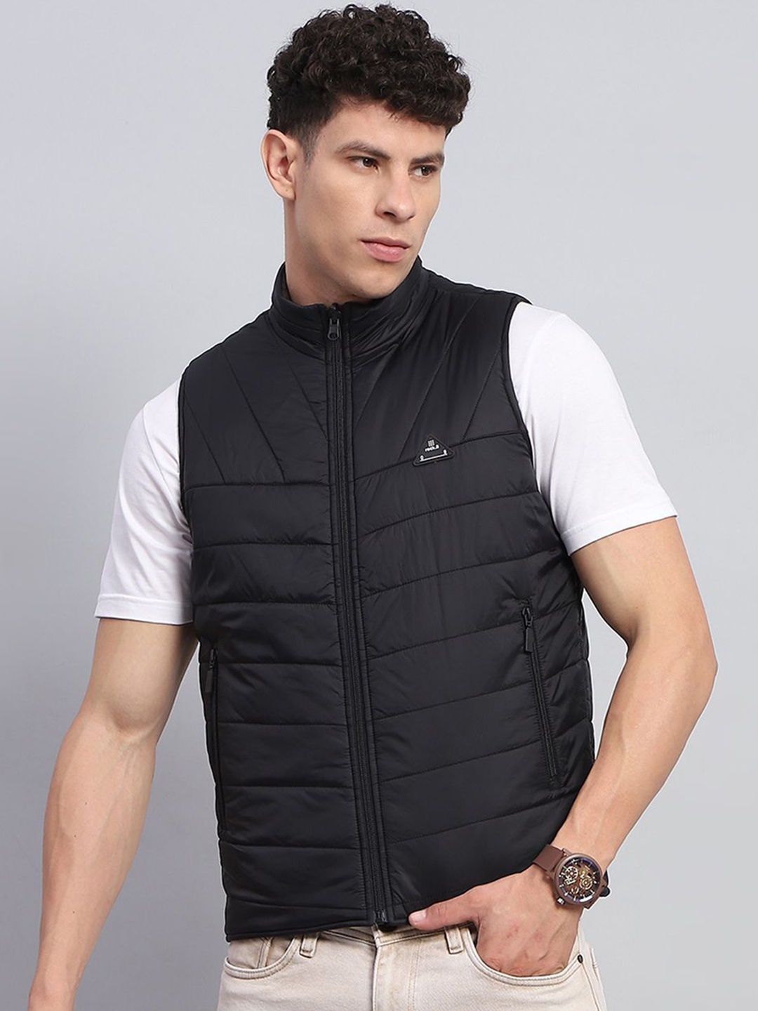 

rock.it Men Mock Collar Solid Casual Padded Jacket, Black