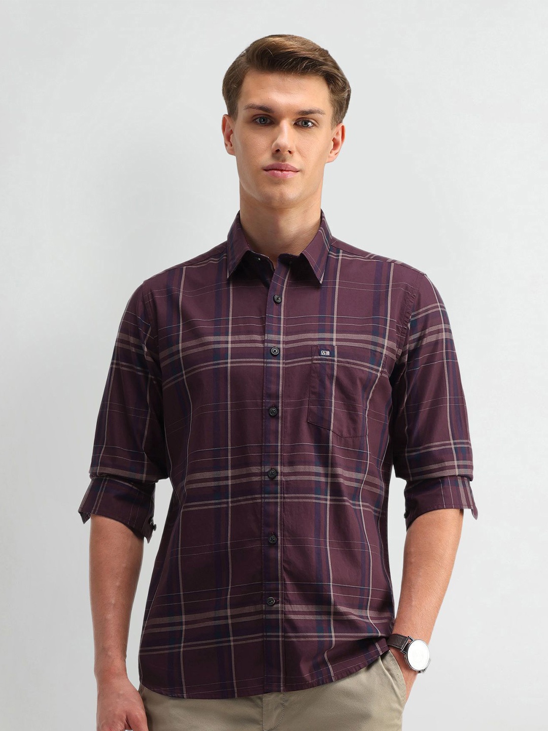 

Arrow Sport Men Manhattan Slim Fit Opaque Checked Casual Shirt, Burgundy