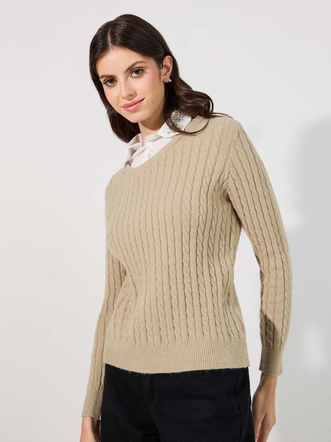 

Styli Women Self Design Cable Knit Sweater, Beige