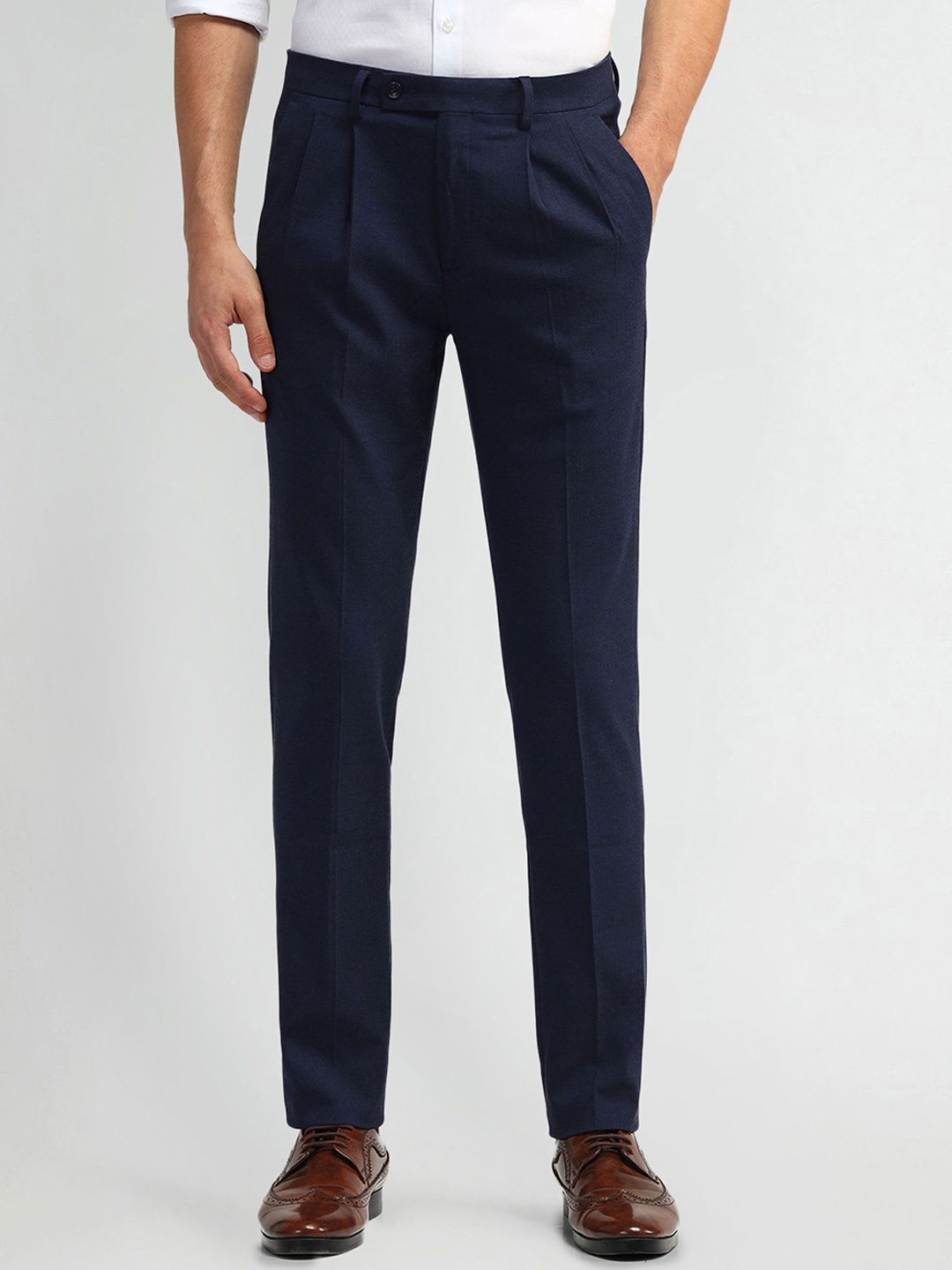 

Arrow Men Textured Urban Slim Slim Fit Pleated Trousers, Navy blue