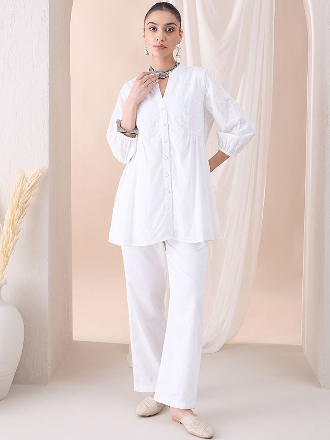 

FEMMELLA Embroidered Pure Cotton Tunic With Trousers Co-Ords, White