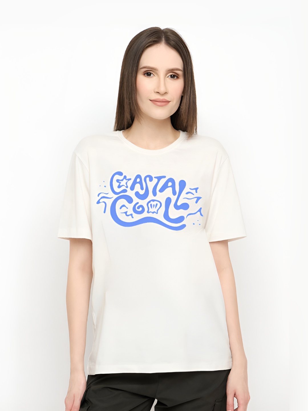 

Mast & Harbour Women Typography Printed Round Neck Pure Cotton T-shirt, Off white