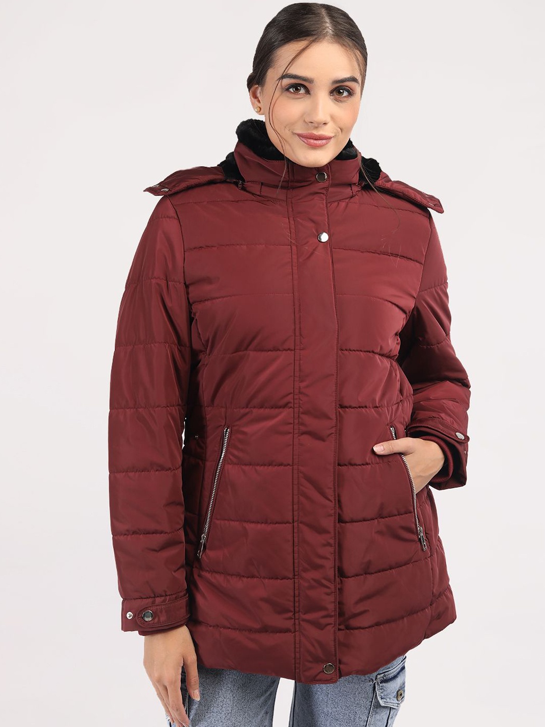 

LURE URBAN Women Hooded Solid Casual Padded Jacket, Maroon