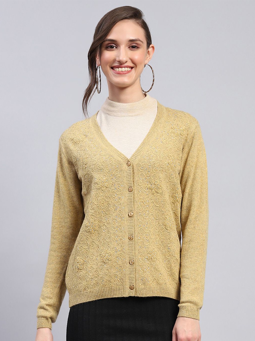 

Monte Carlo Women Floral Woollen Cardigan, Mustard