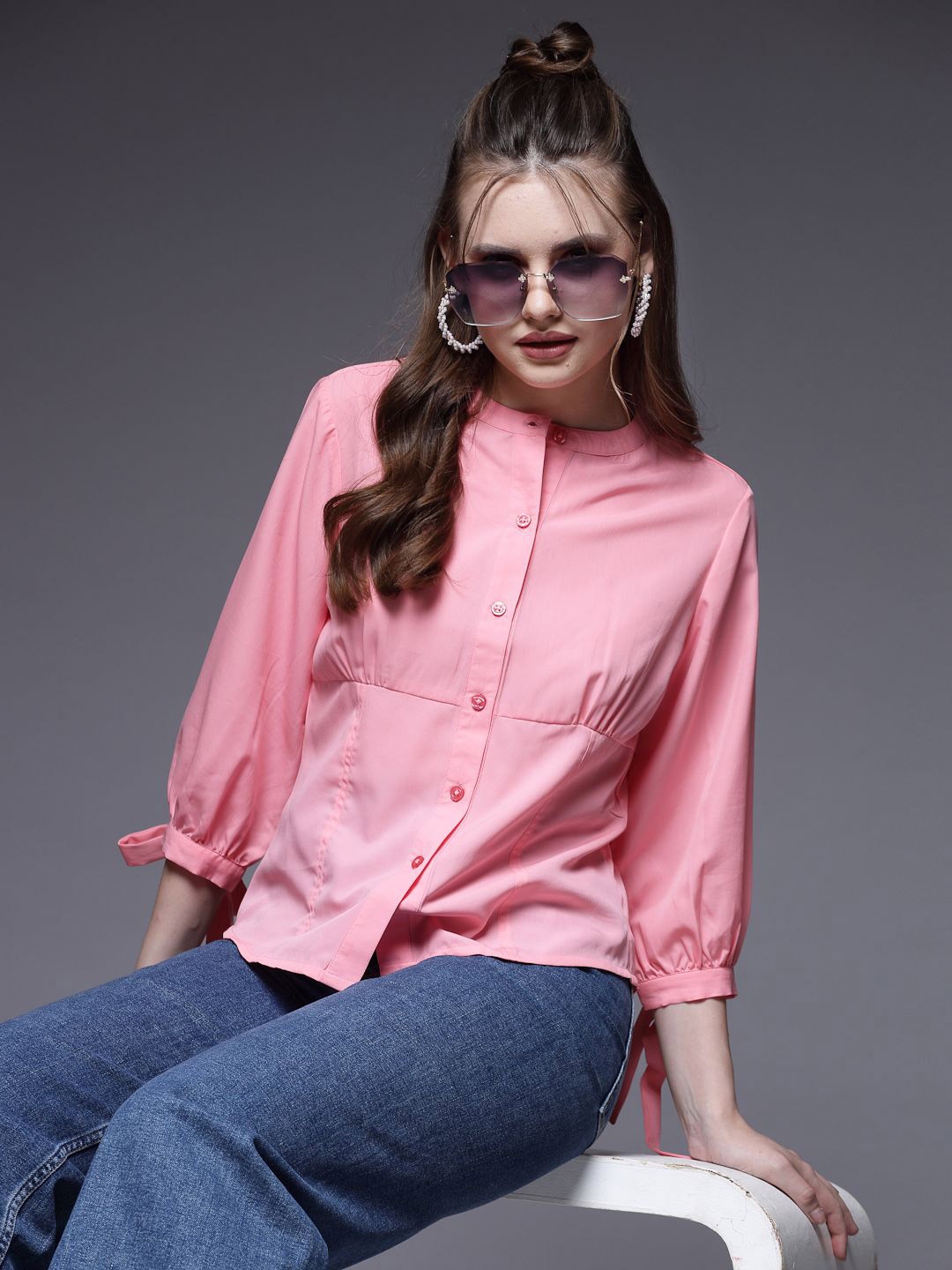 

BEING NAUGHTY Women Comfort Mandarin Collar Solid Casual Shirt, Pink