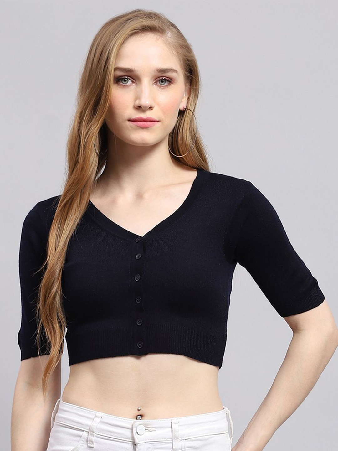 

Monte Carlo Women Woollen Crop Cardigan, Navy blue