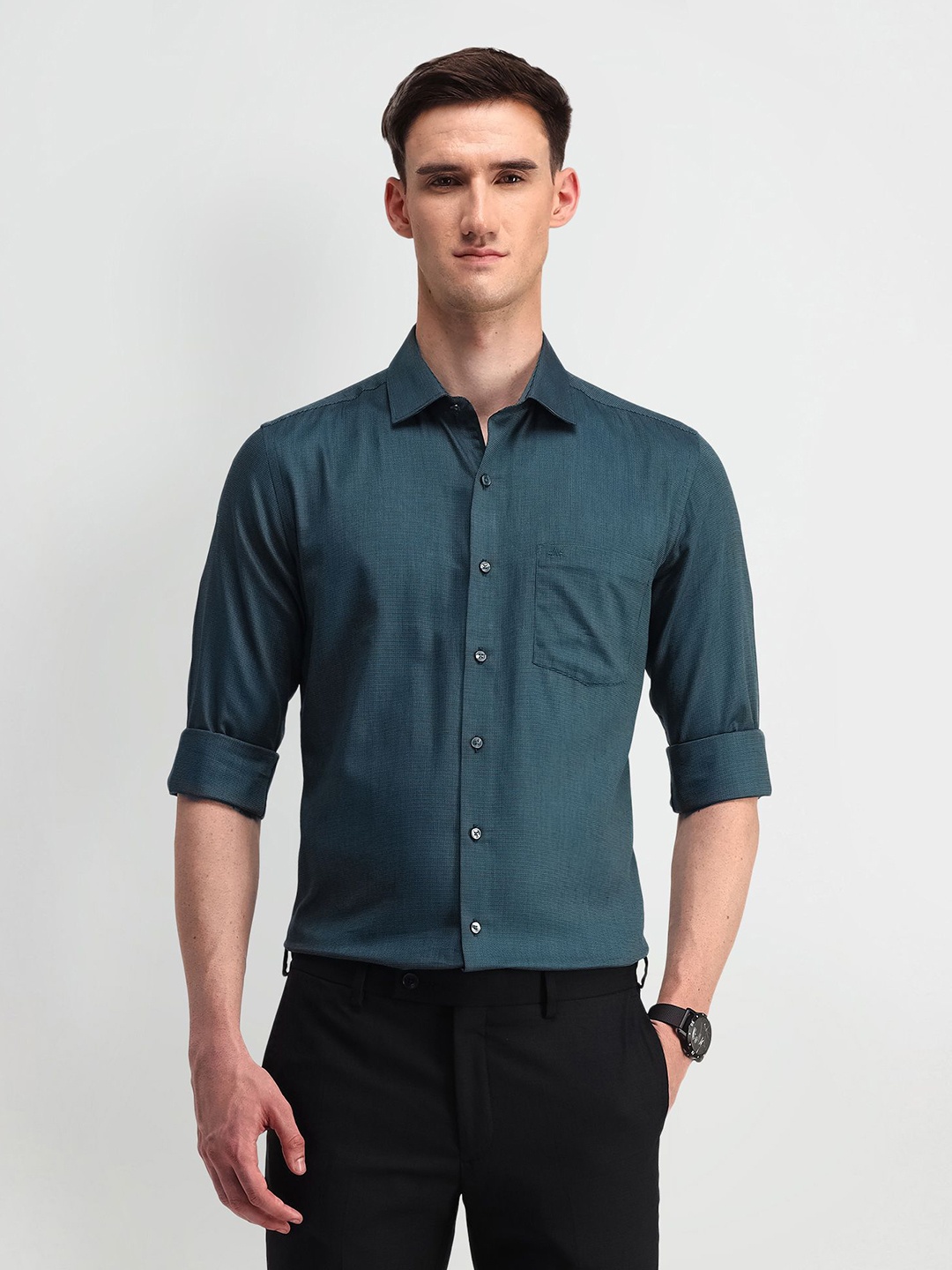 

Arrow Men Classic Spread Collar Textured Cotton Formal Shirt, Green