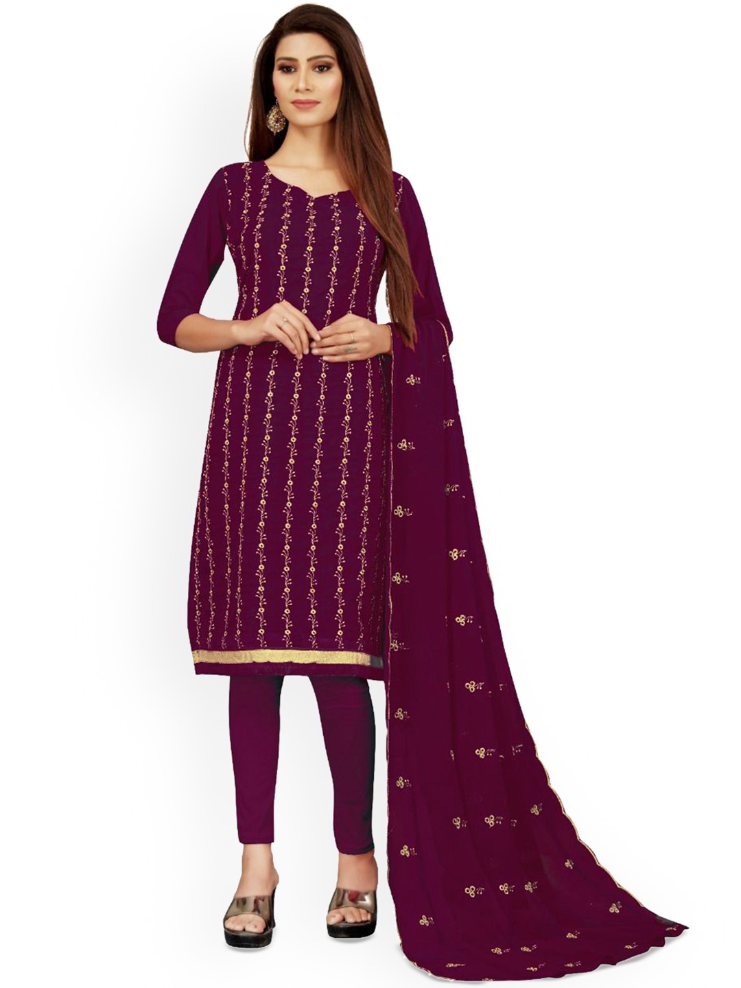 

Maroosh Floral Embroidered Georgette Unstitched Dress Material, Purple