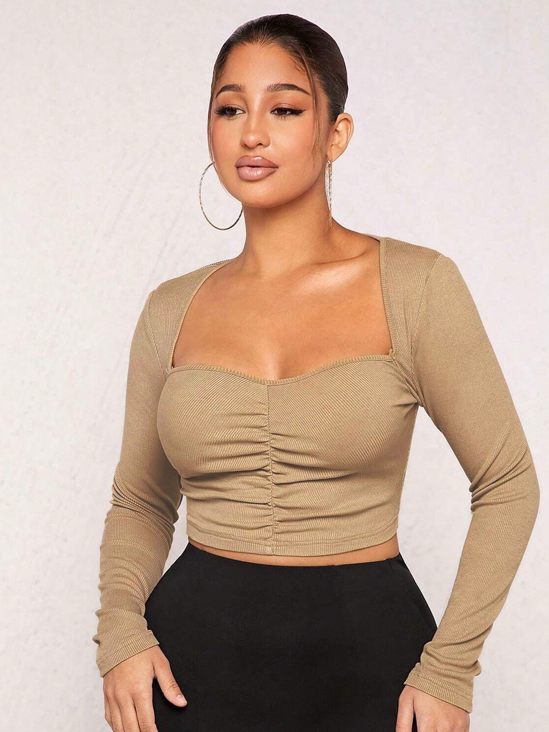 

HERE&NOW Women Cotton Long Sleeves Square Neck Top, Khaki