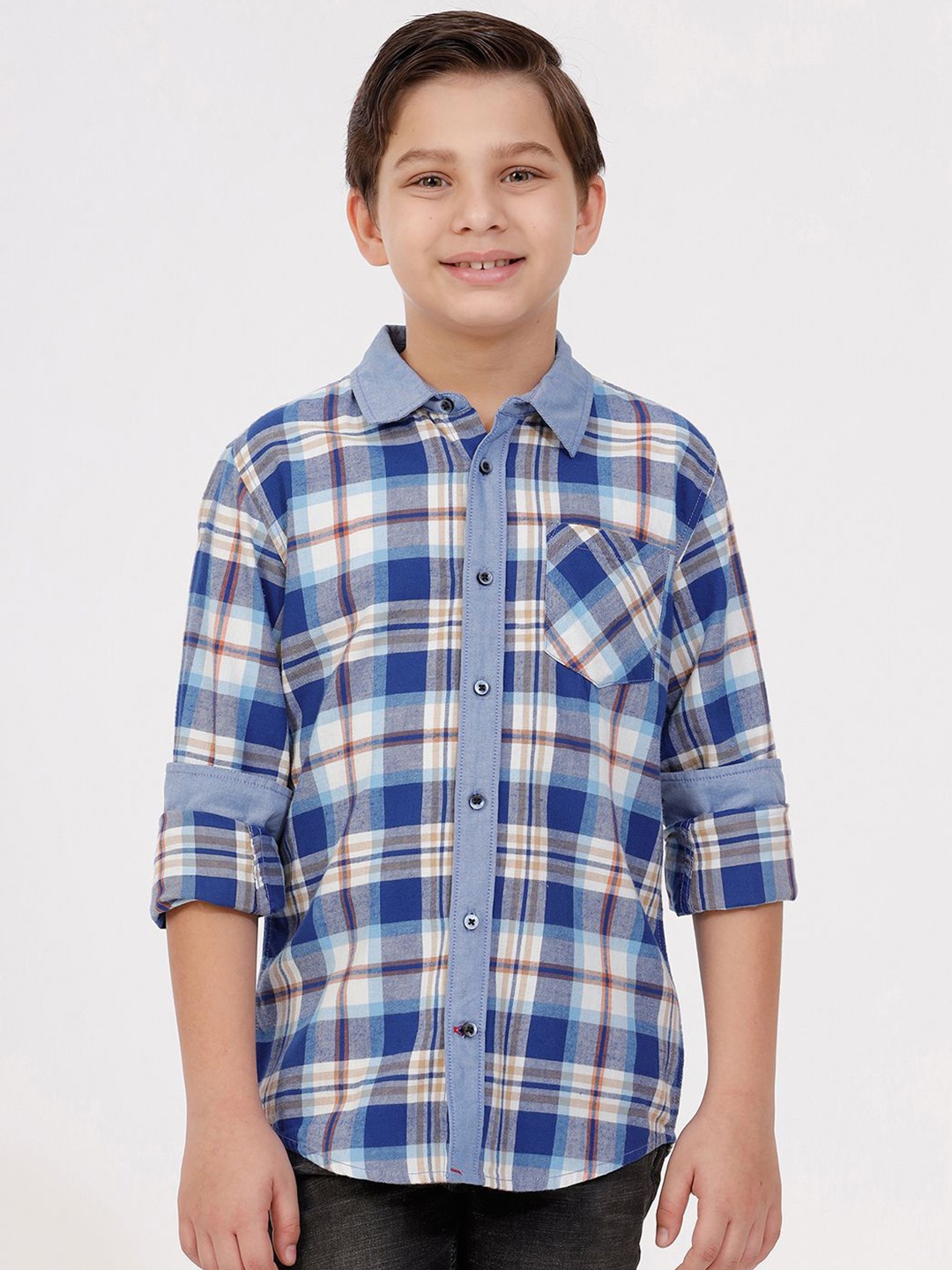 

KATE & OSCAR Boys Cutaway Collar Checked Cotton Casual Shirt, Blue