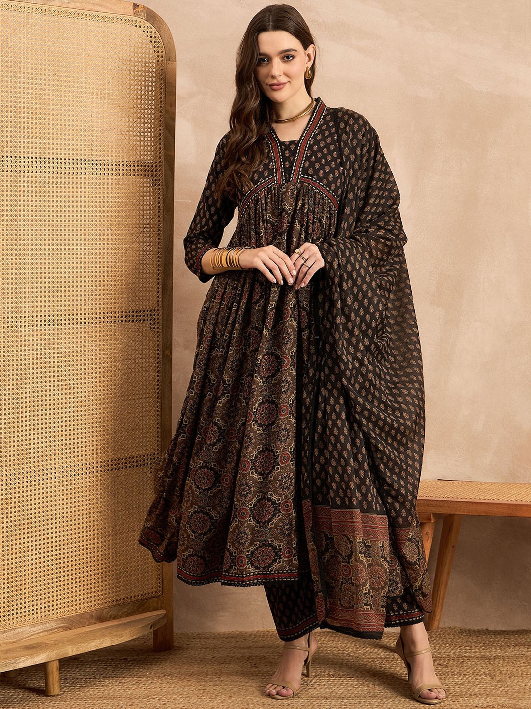 

all about you Brown Floral Printed Pleated Pure Cotton Kurta with Trouser & Dupatta