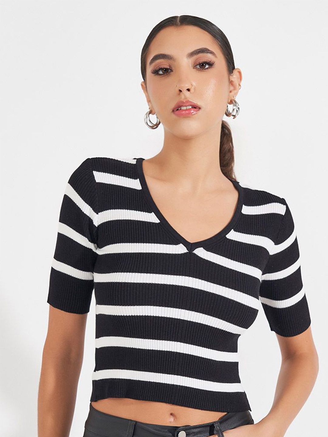

Styli Women Striped Cropped Length Fitted Sweater, Black