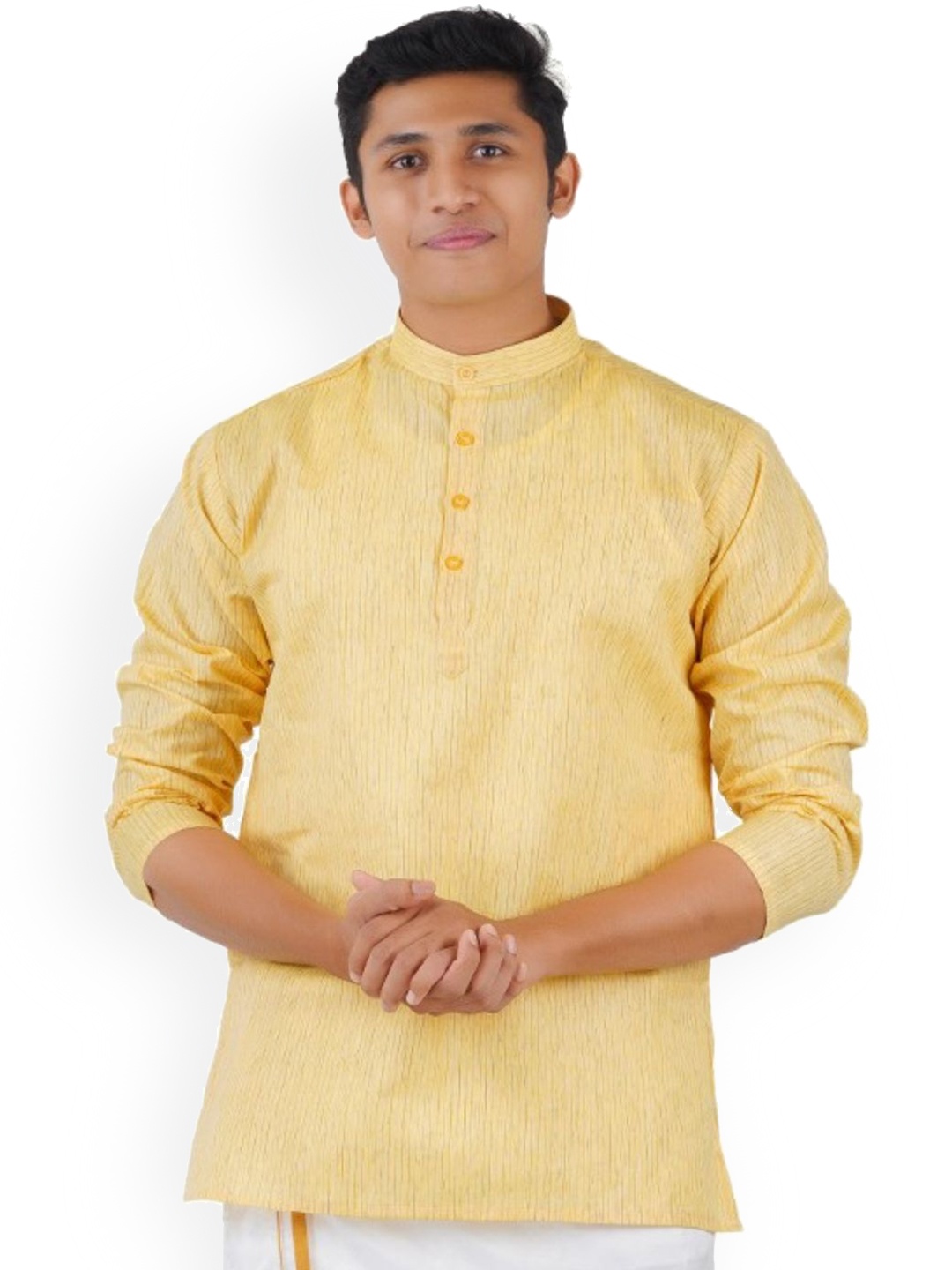 

Ethazh Striped Mandarin Collar Straight Short Kurta, Yellow