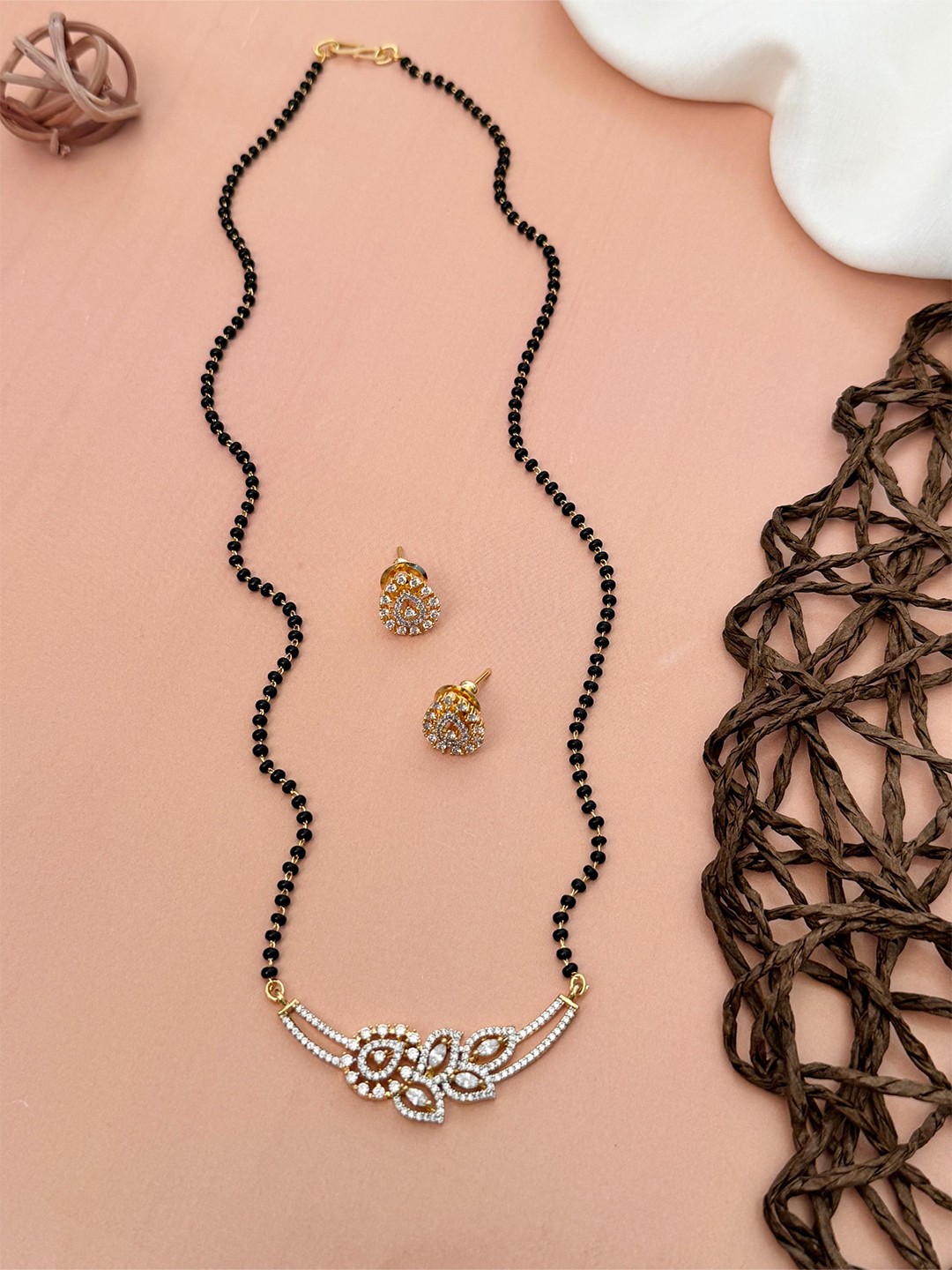 

ABDESIGNS Gold-Plated Artificial Stones and Beads Studded Mangalsutra With Earrings