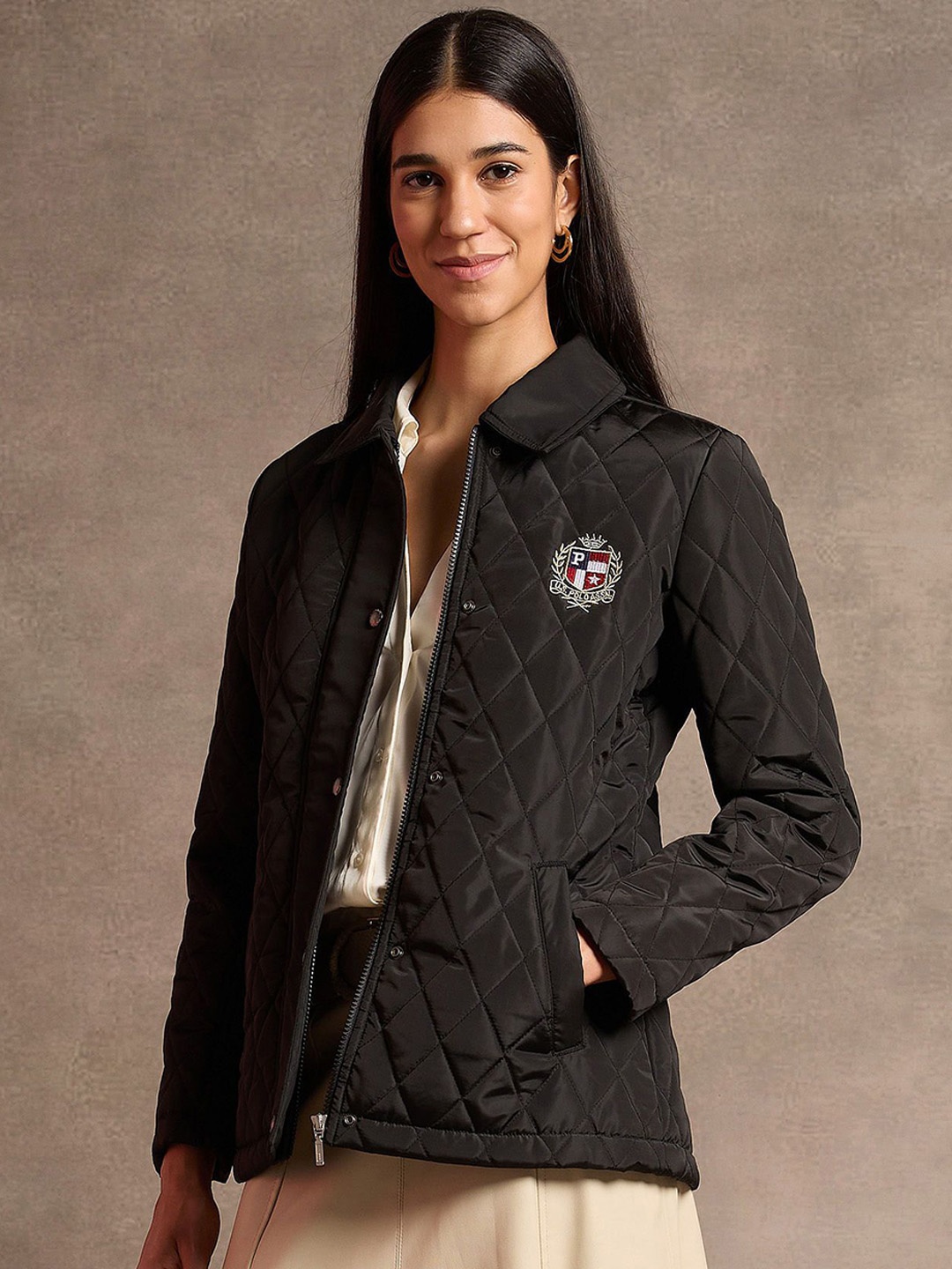 

U.S. Polo Assn. Women Spread Collar Solid Casual Quilted Jacket, Black