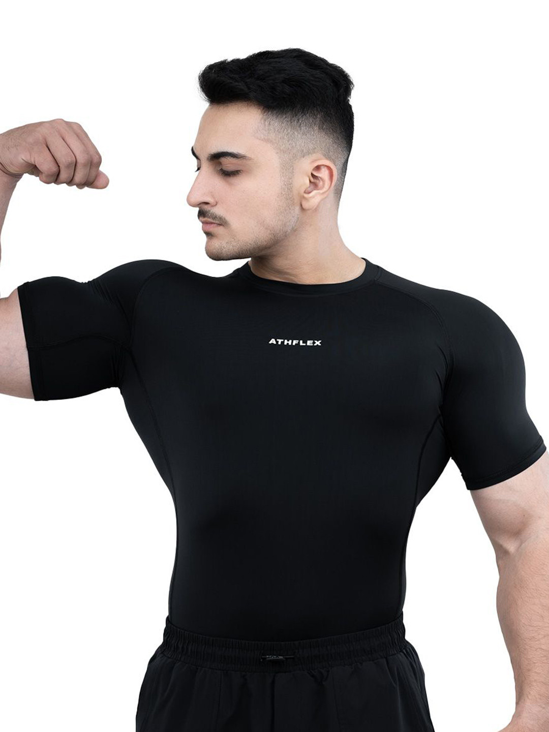 

Athflex Men Moisture Wicking Solid Round Neck Nylon Compression T-shirt, Black