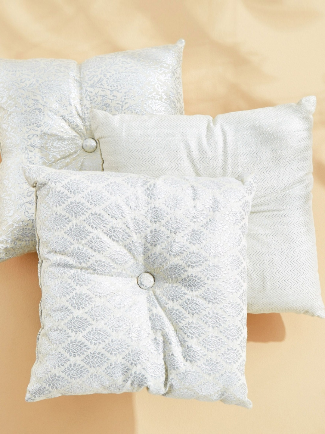 

Home Centre 3 Pieces White & Silver-Toned Paisley Printed Jacquard Square Filled Cushion