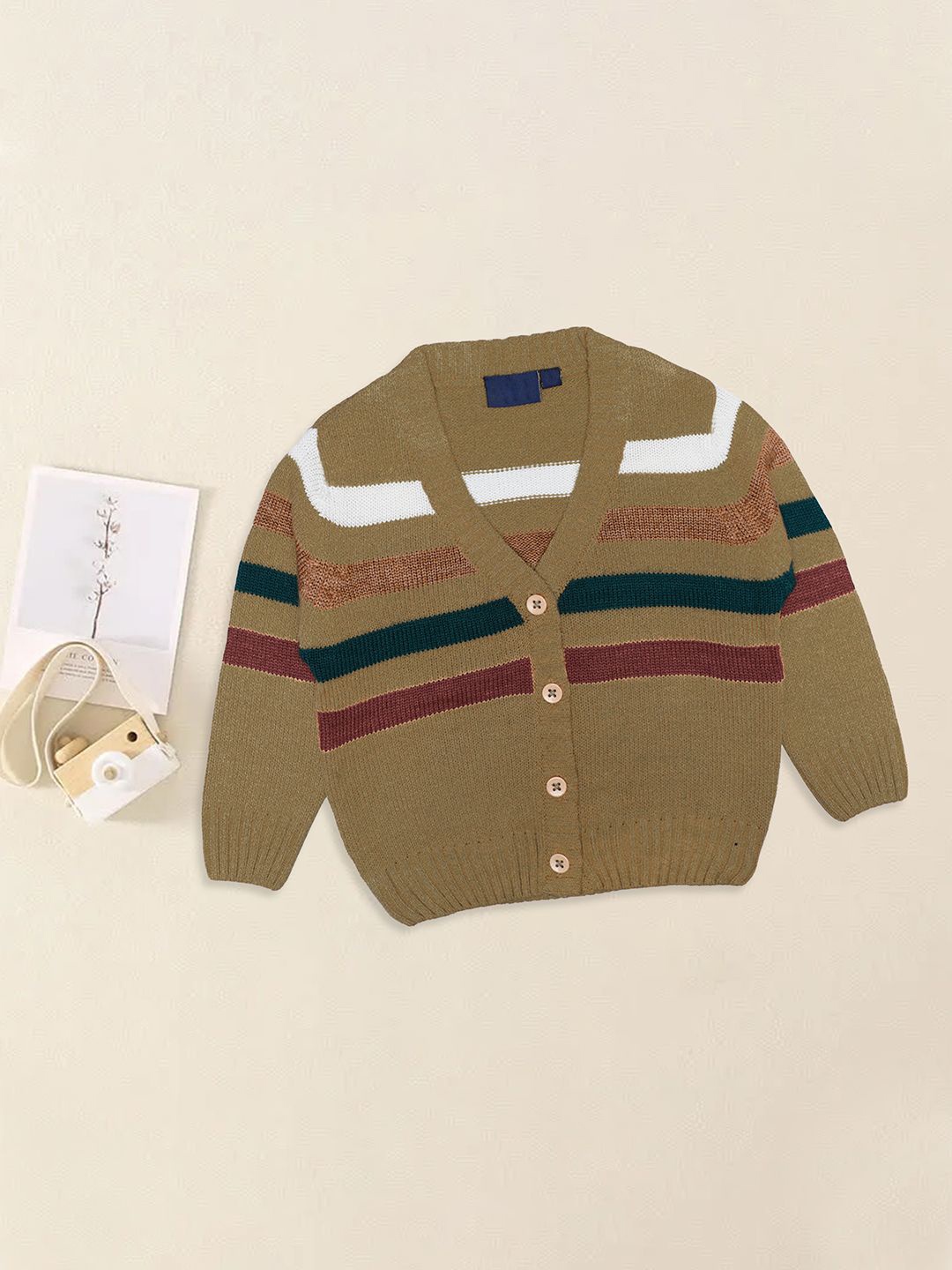 

CHKOKKO Girls Striped Woollen Cardigan, Camel brown