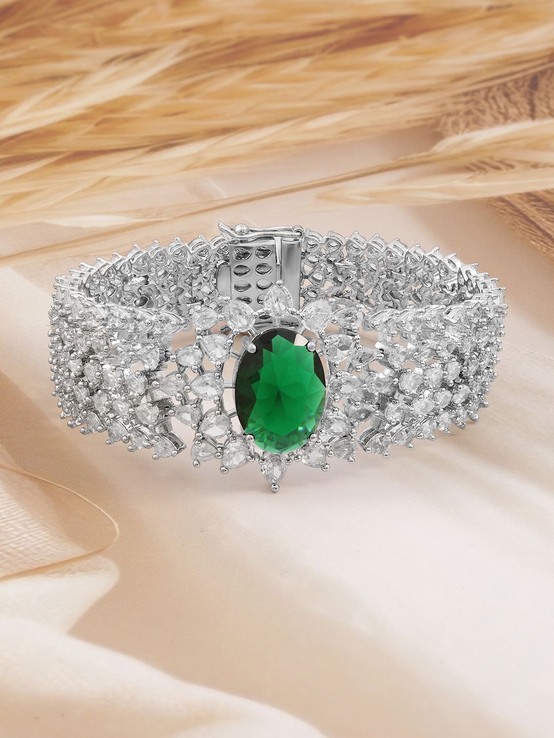 

Rubans Rhodium-Plated Emerald Green & White Cubic Zirconia Bracelet, Silver