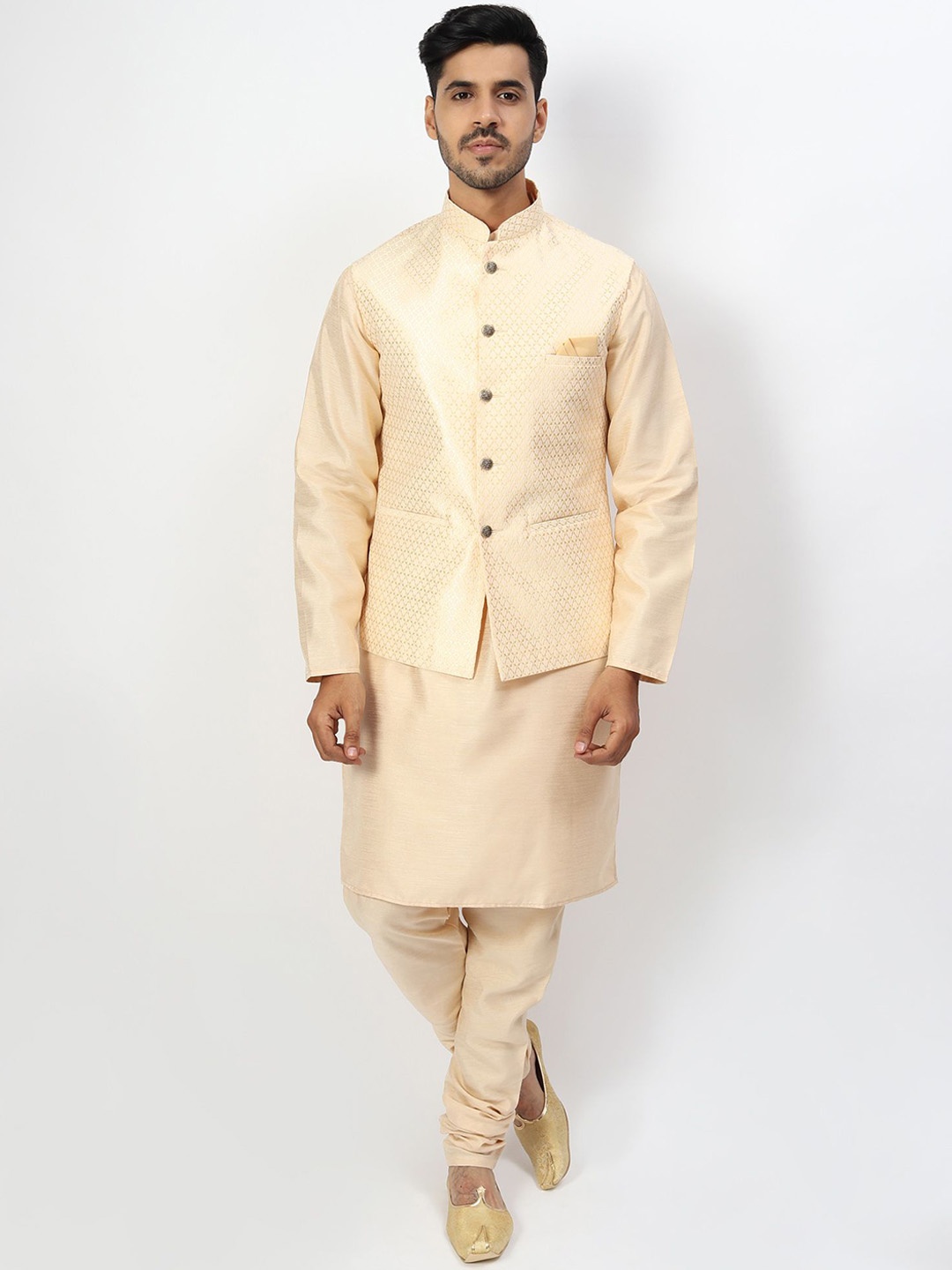 

Ethluxis Mandarin Collar Jacquard Dupion Silk Kurta With Churidar & Nehru Jacket, Cream