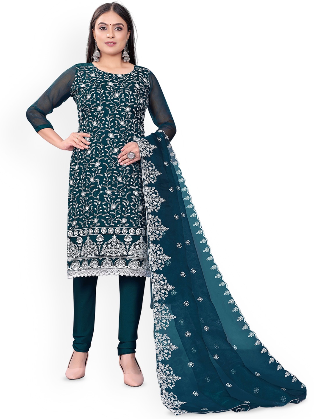 

Maroosh Floral Embroidered Organza Unstitched Dress Material, Teal