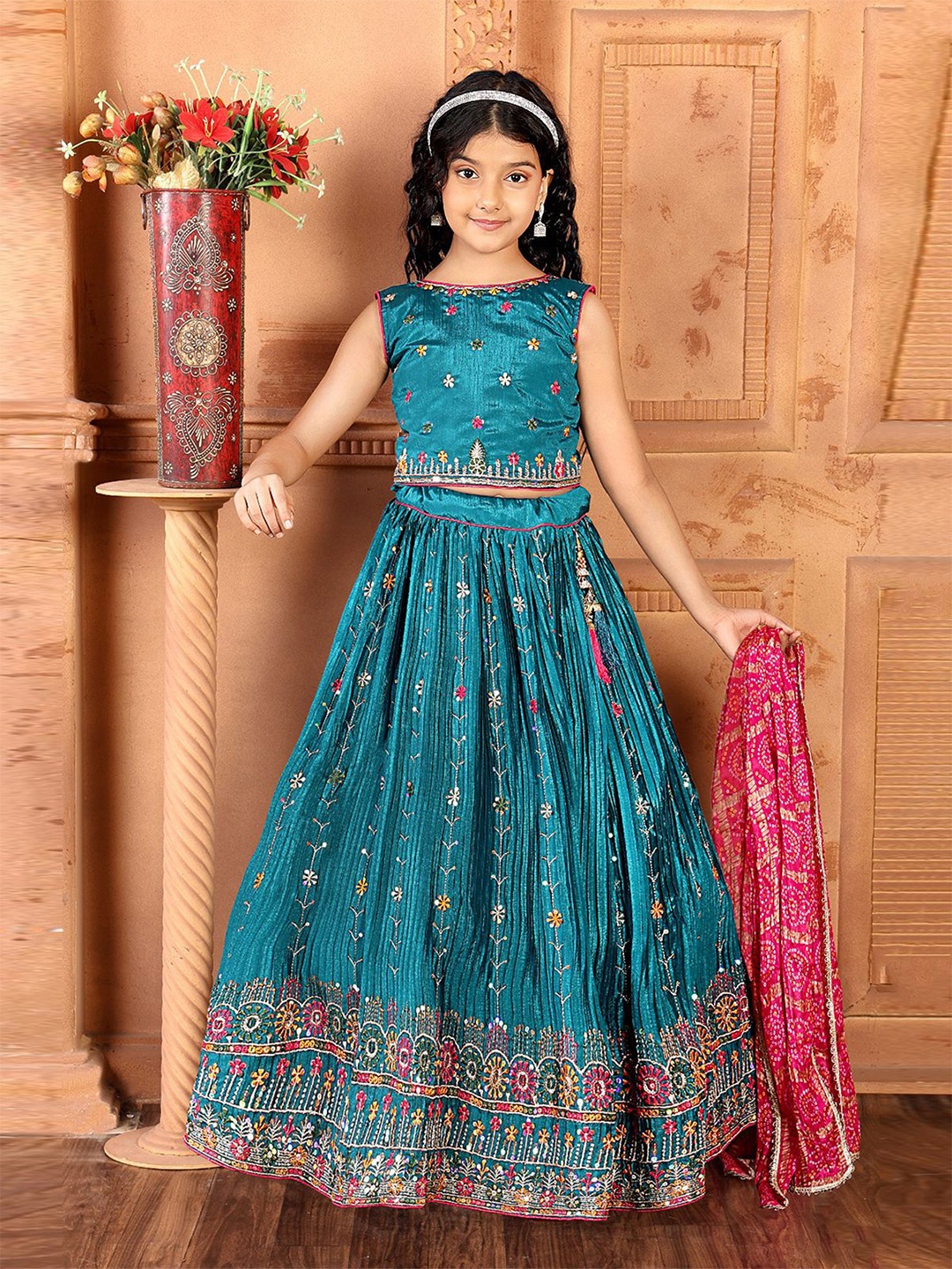 

ODETTE Girls Embroidered Sequinned Ready to Wear Lehenga & Blouse With Dupatta, Teal