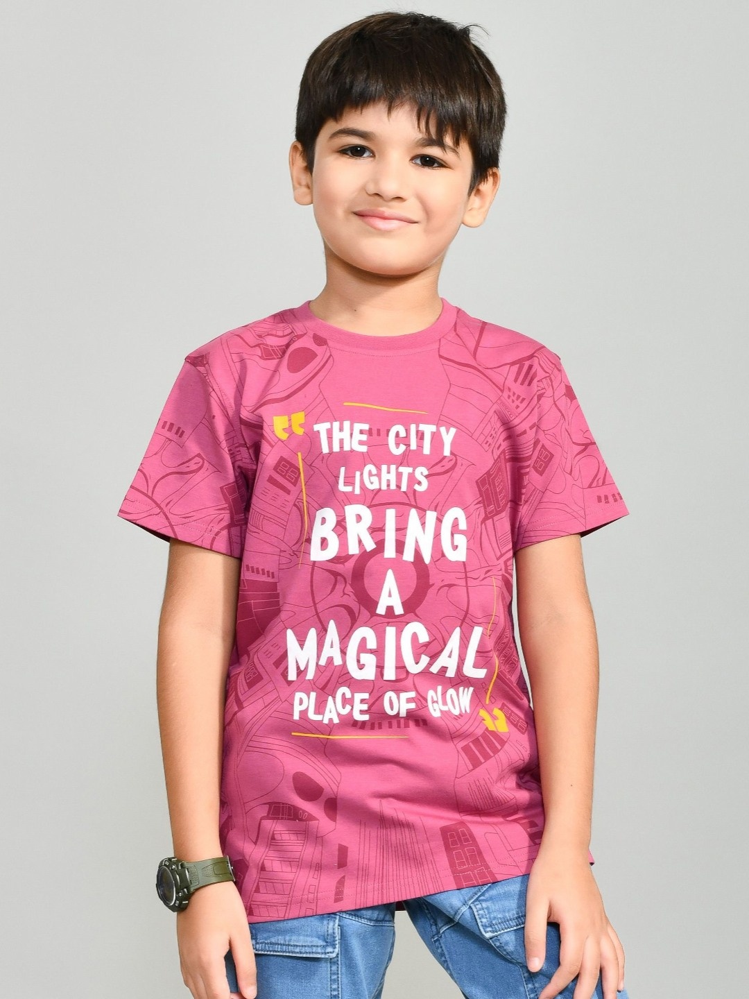 

YOUMAA Boys Bio Finish Conversational Printed Round Neck Pure Cotton T-shirt, Pink