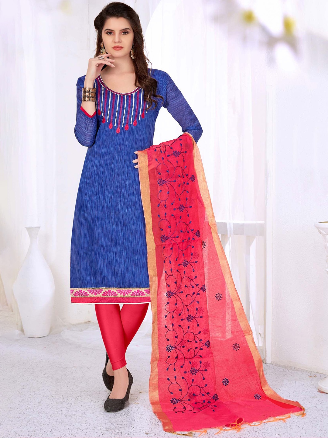

Maroosh Floral Embroidered Unstitched Dress Material, Blue