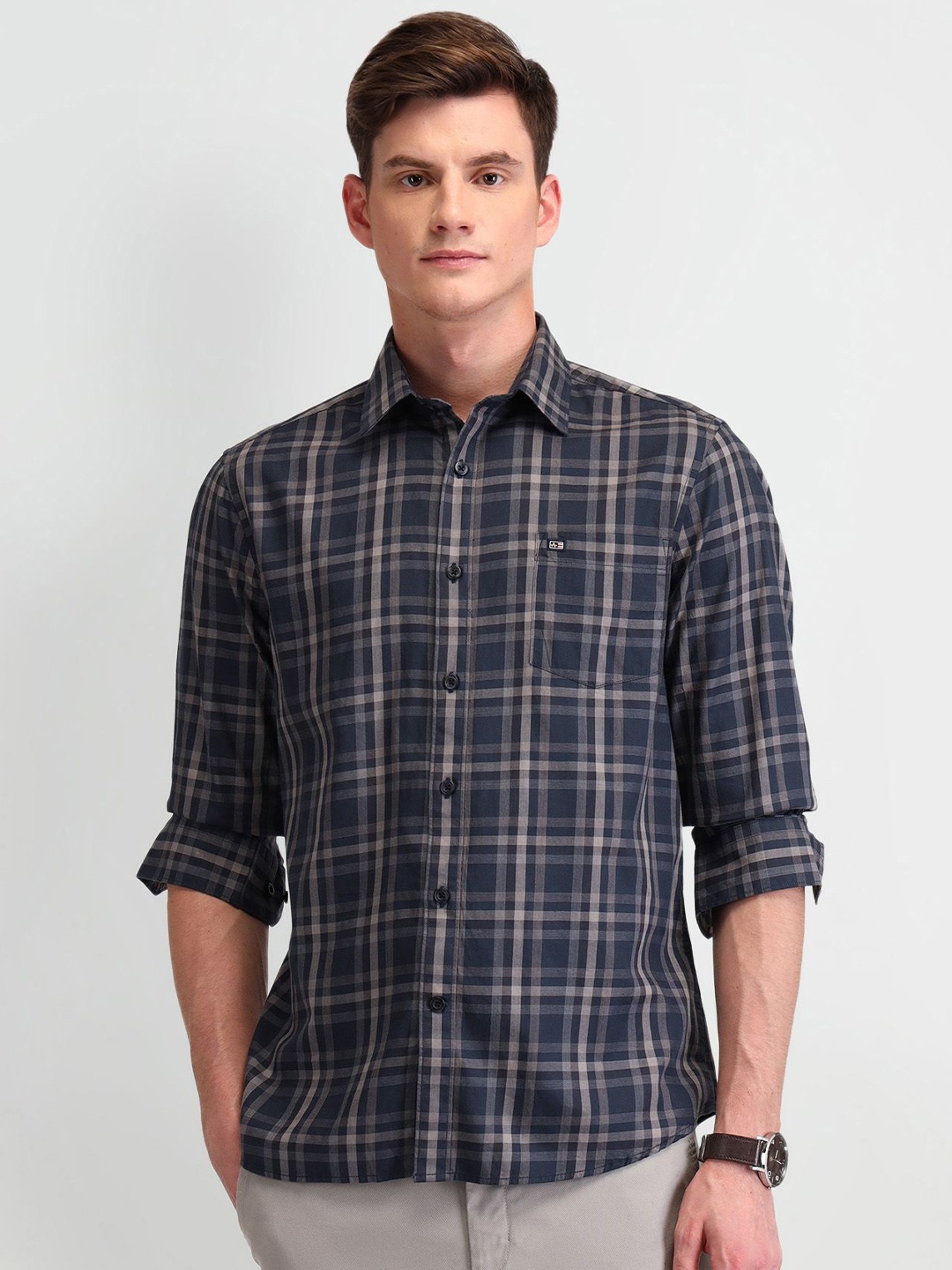 

Arrow Sport Men Classic Tailored Fit Opaque Checked Casual Shirt, Navy blue