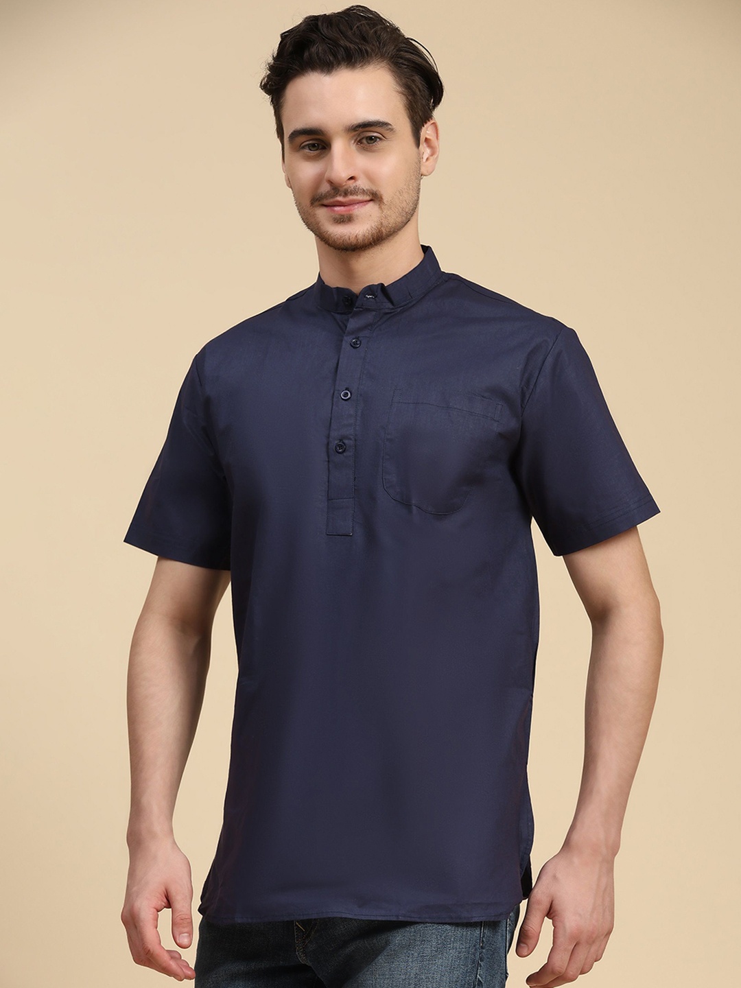 

SKAVIJ Mandarin Collar Cotton Short Straight Kurta, Blue