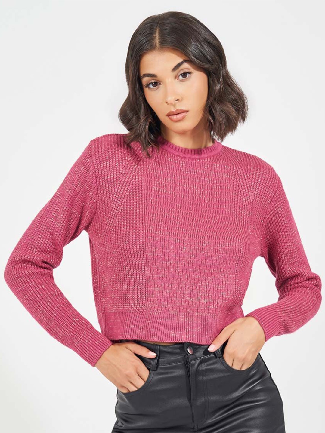 

Styli Women Textured Boxy Fit Crop Length Sweater, Pink