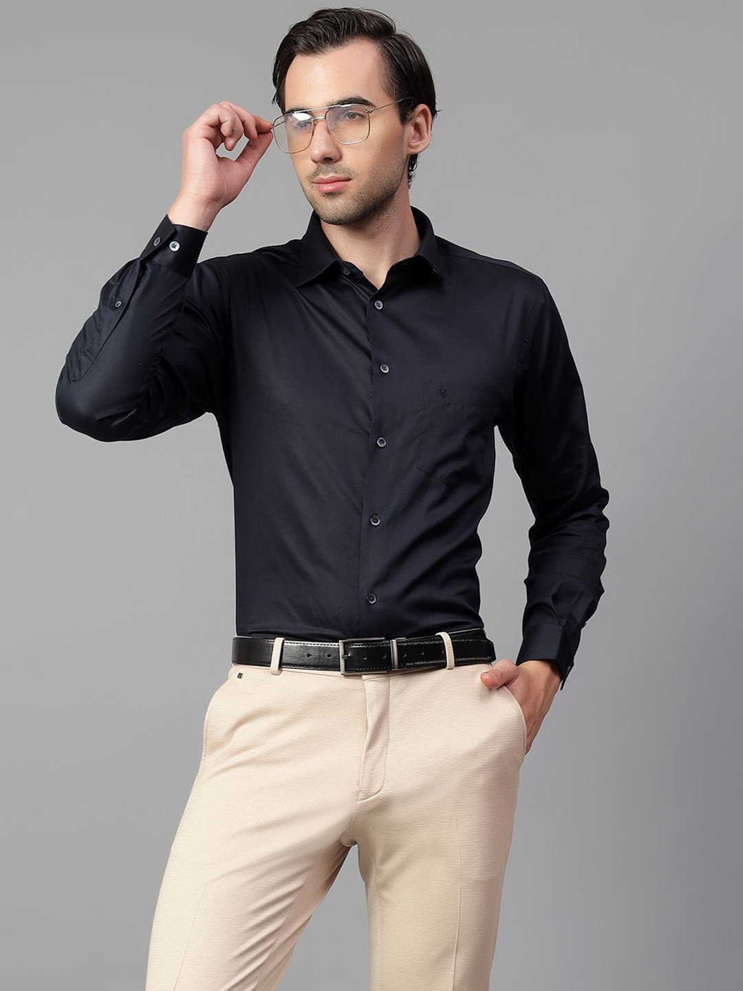 

Cantabil Men Spread Collar Solid Cotton Party Shirt, Black