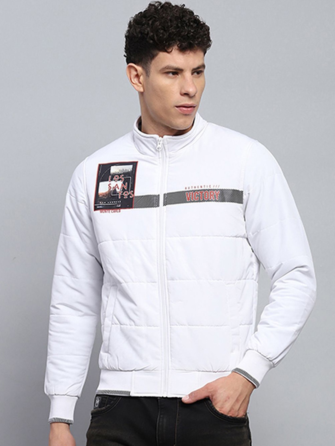 

Monte Carlo Men Mock Collar Typography Printed Casual Padded Jacket, White