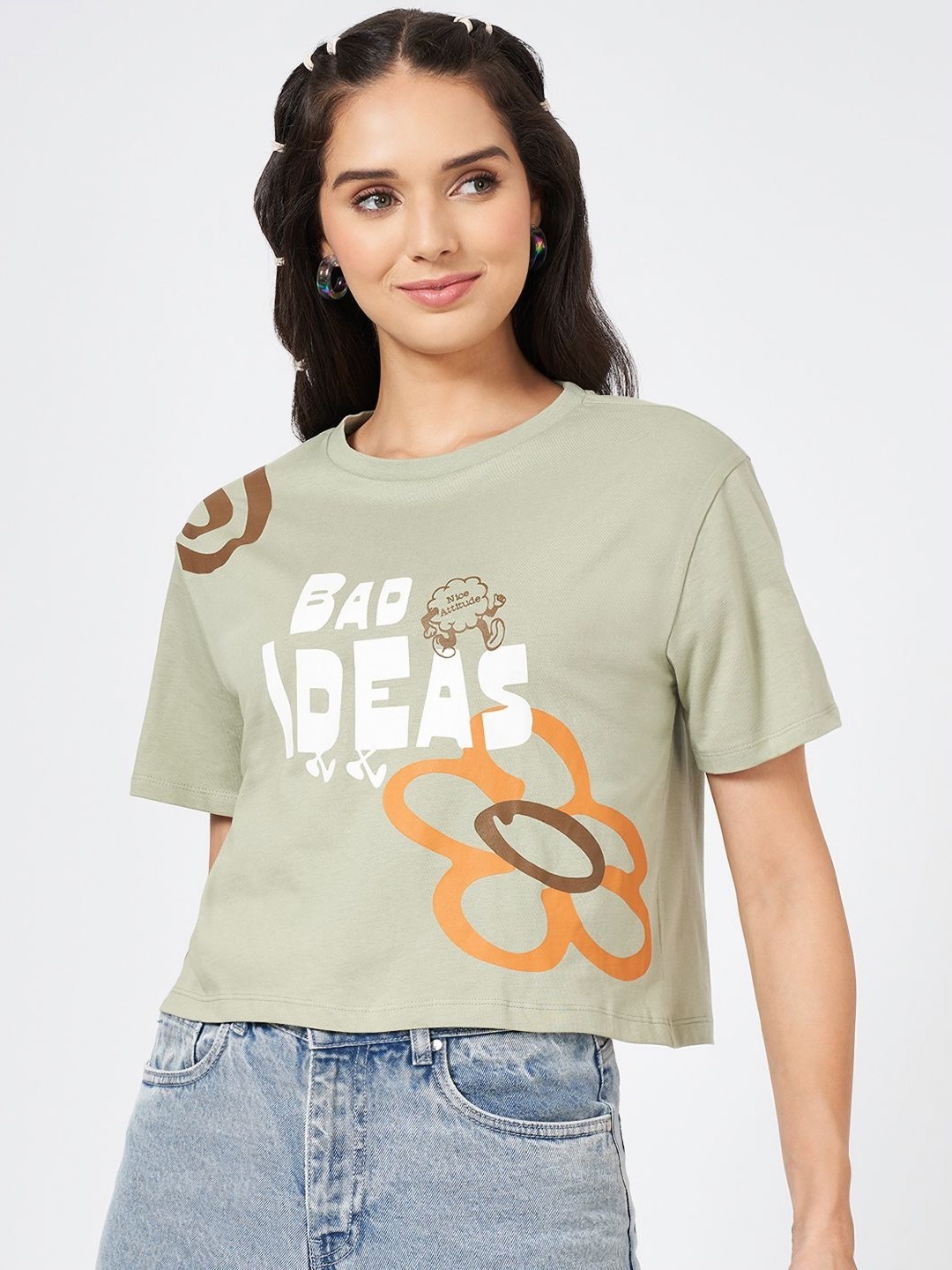 

People Women Typography Printed Round Neck Cotton Boxy T-shirt, Olive