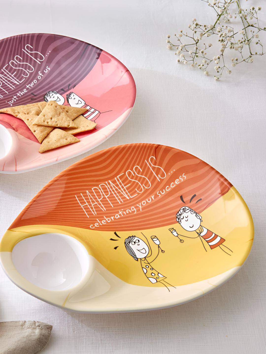 

Home Centre Melina Happiness Orange-Coloured 2 Pieces Printed Melamine Chip & Dip Platters