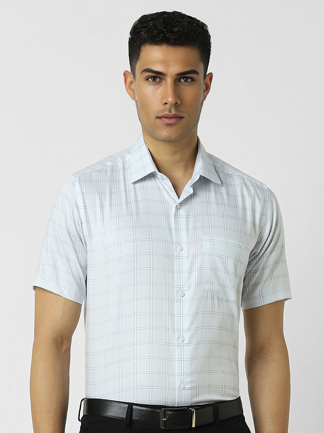 

Van Heusen Men Spread Collar Windowpane Checked Cotton Slim Fit Formal Shirt, Blue