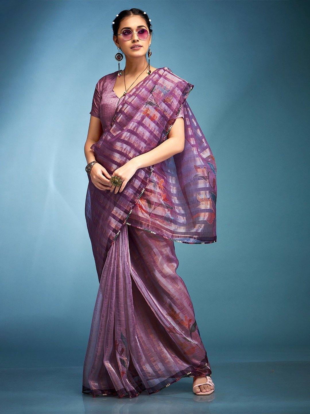 

MySilkLove Striped Gotta Patti Tissue Saree, Purple