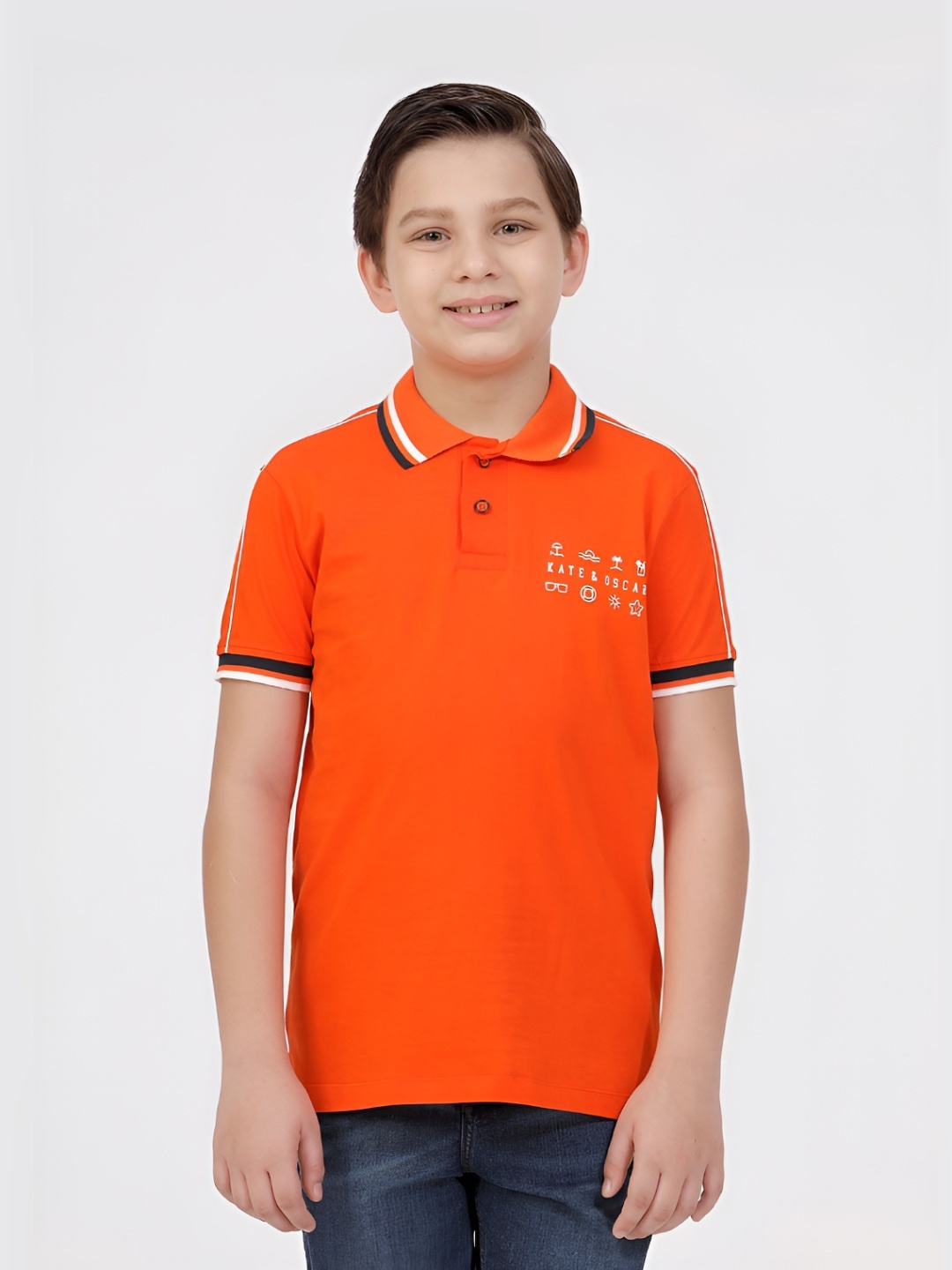 

KATE & OSCAR Boys Typography Printed Polo Collar Cotton T-shirt, Orange