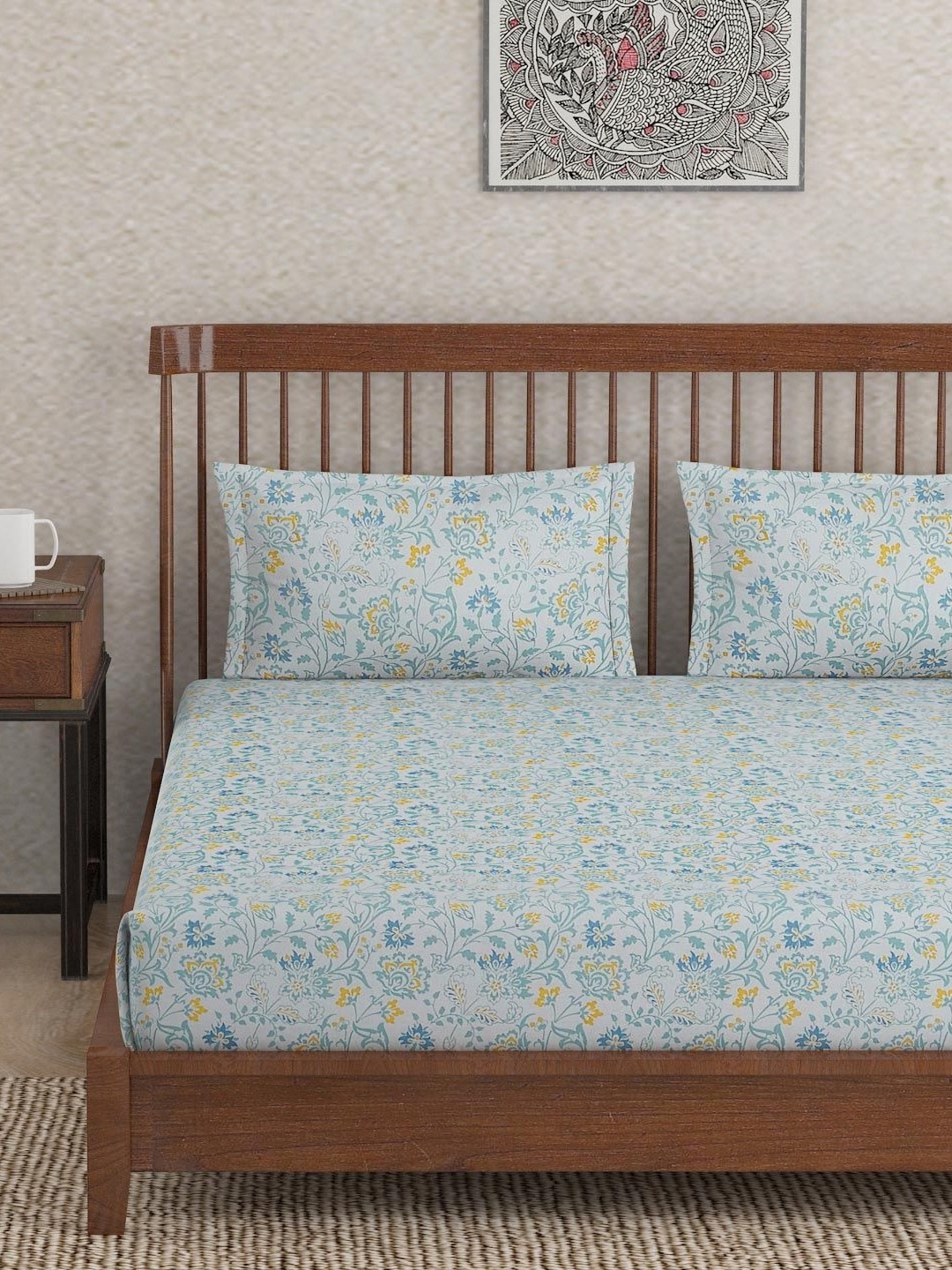 

Fabindia Teal & White Floral Pure Cotton 140 TC King Bedsheet Set 2.75 x 2.75 Mts