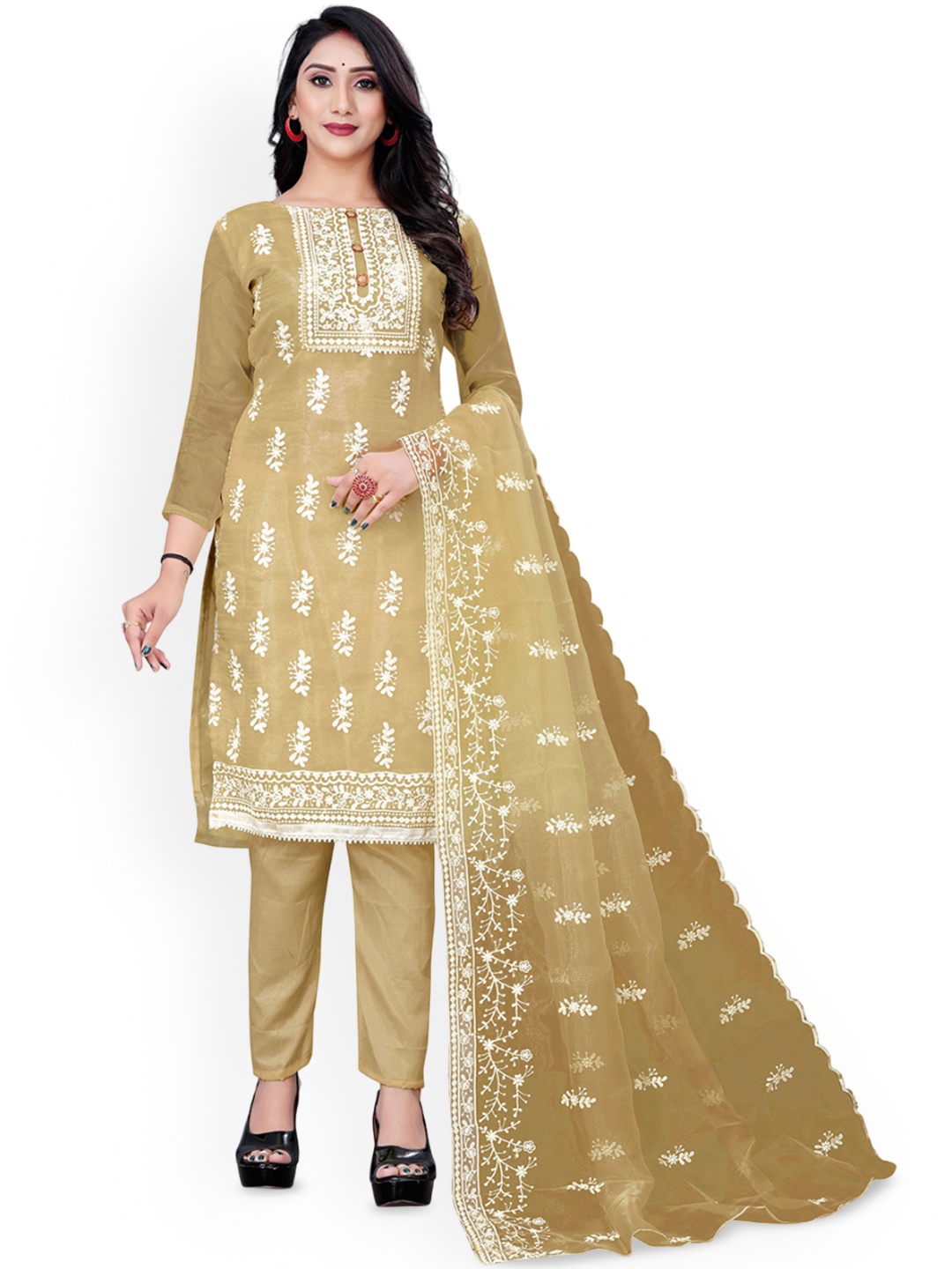 

Maroosh Embroidered Thread Work Organza Unstitched Dress Material, Beige
