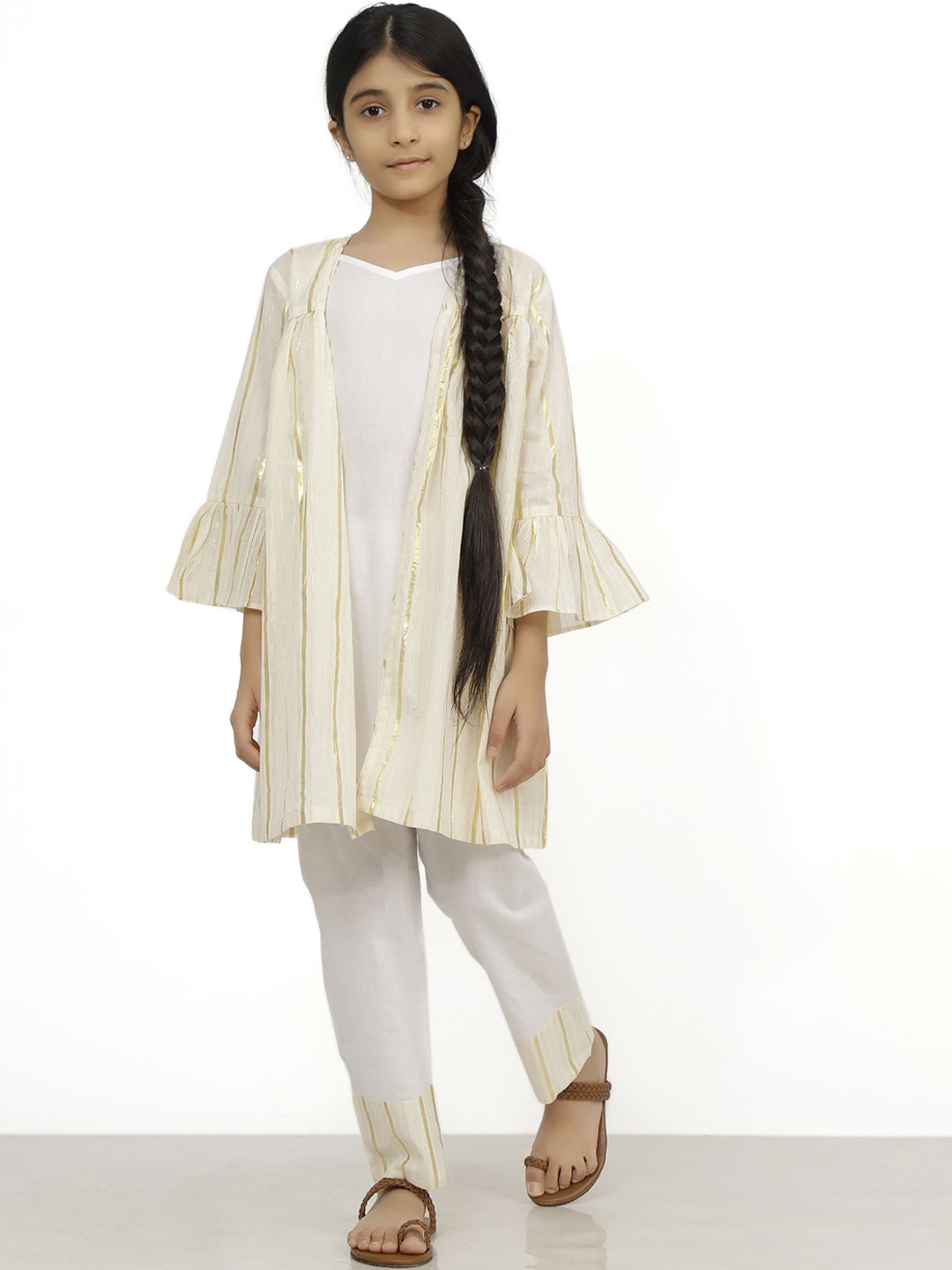 

TJORI Girls Striped Pure Cotton Straight Kurta with Trousers, Off white