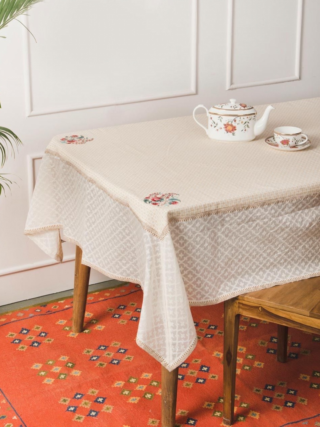 

Fabindia Off White Floral Cotton 6-Seater Table Cover with Embroidered details