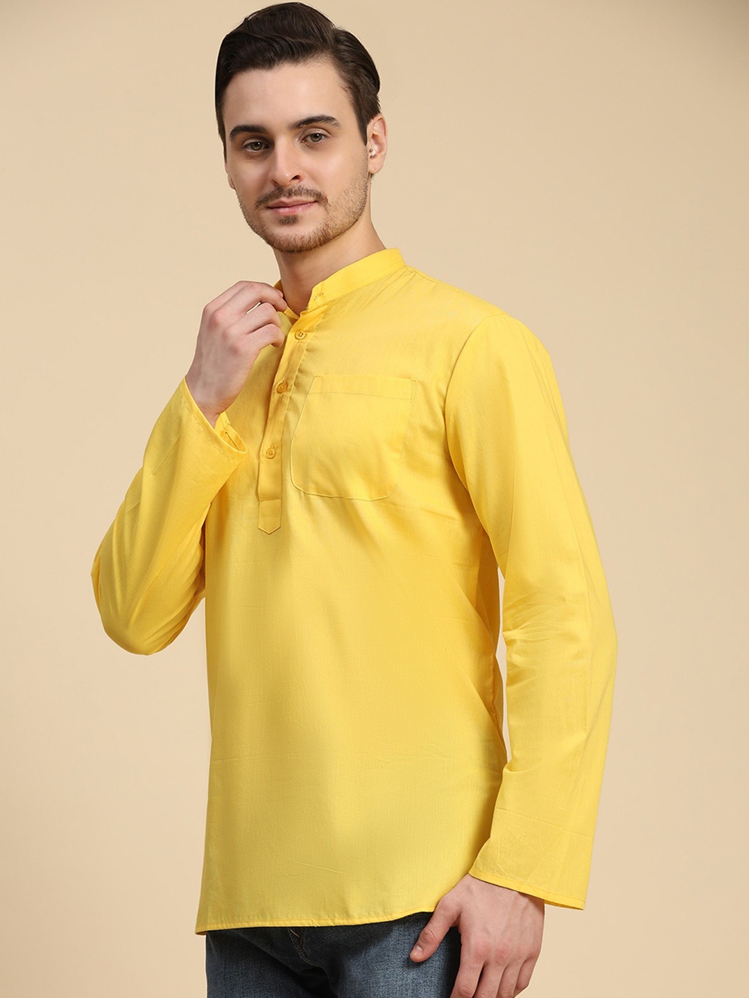 

SKAVIJ Band Collar Cotton Short Straight Kurta, Yellow